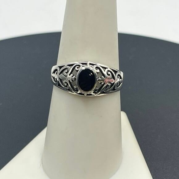 SU Vintage Sterling Silver THAILAND Women Black Onyx Scroll Filigree Ring Sz 8.5 - Picture 2 of 11